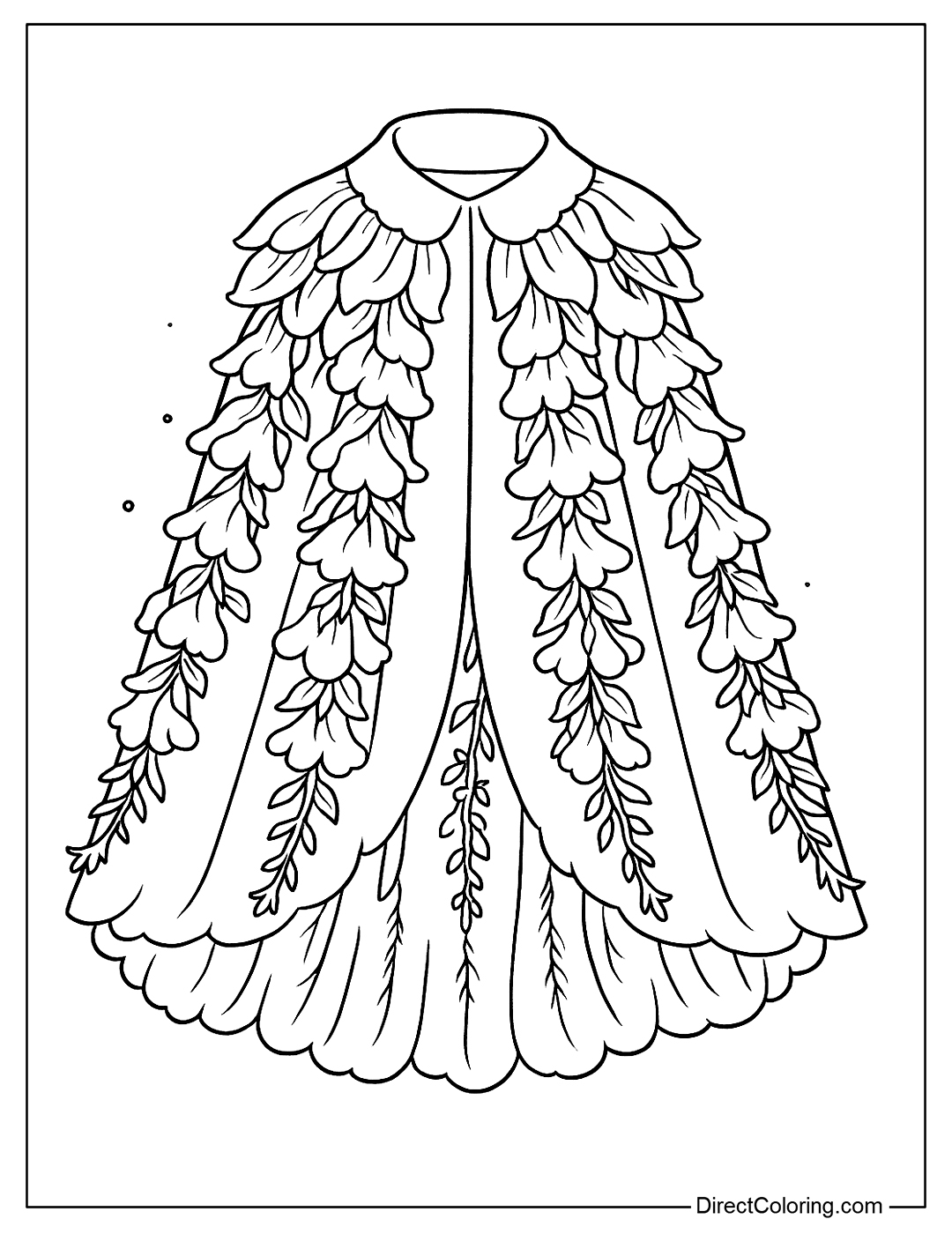 A coloring page for a shoulder cape made of snapdragons, with wavy layers and light tassels